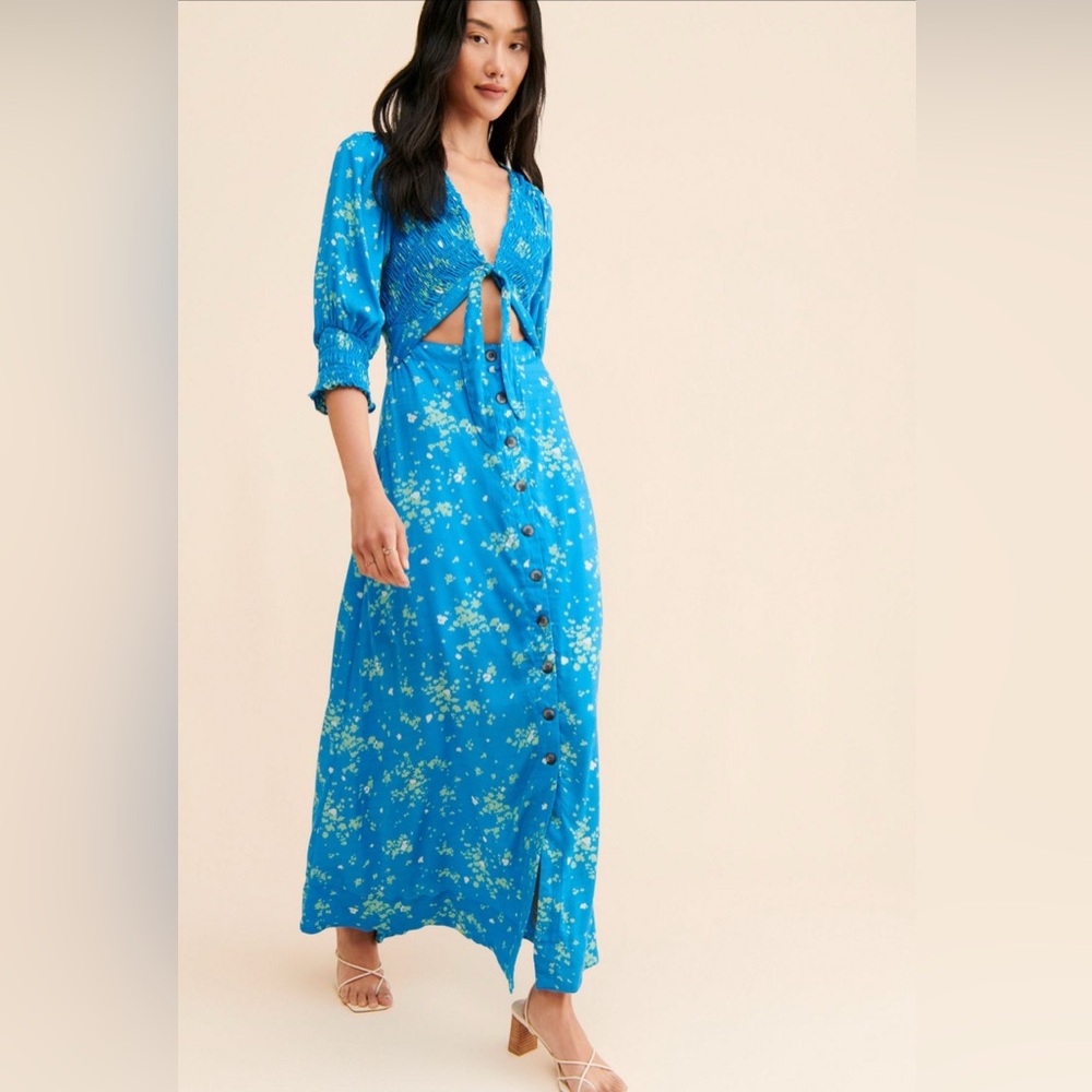 Free People Bright Blue Floral Long Sleeve Maxi Dress